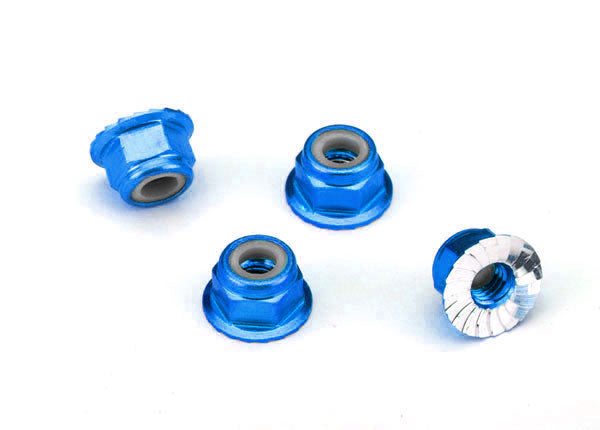 Nuts aluminum flanged serrated 4mm blue-anodized 4