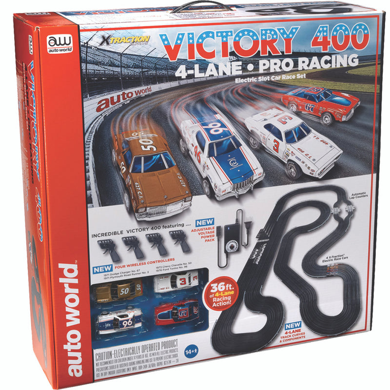 36' Victory 400 Four Lane Slot Car Race Set with 4 Cars - 1976 Ford Torino * 1971 Dodge Charger * 1973 Chevrolet Chevel Slot Car Racing Set by Auto World