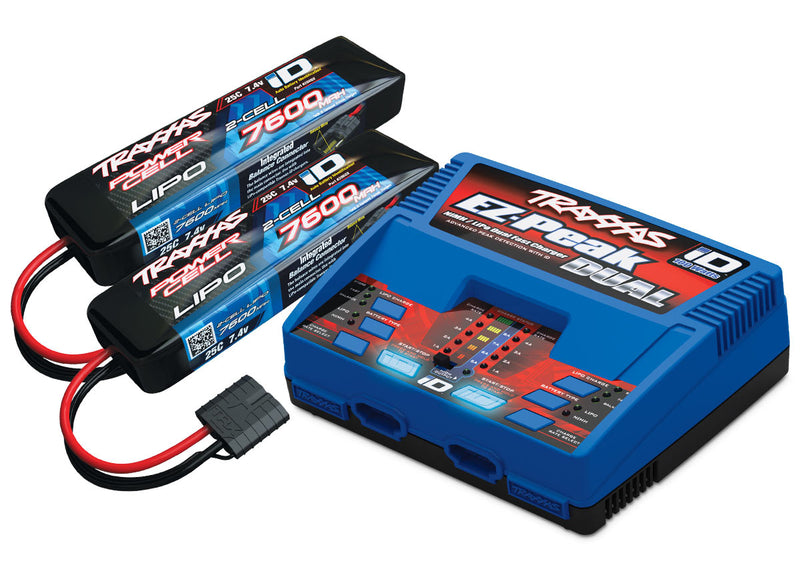 Battery/charger completer pack (includes #2972 Dual iD® charger (1), #2869X 7600mAh 7.4V 2-cell 25C LiPo battery (2))