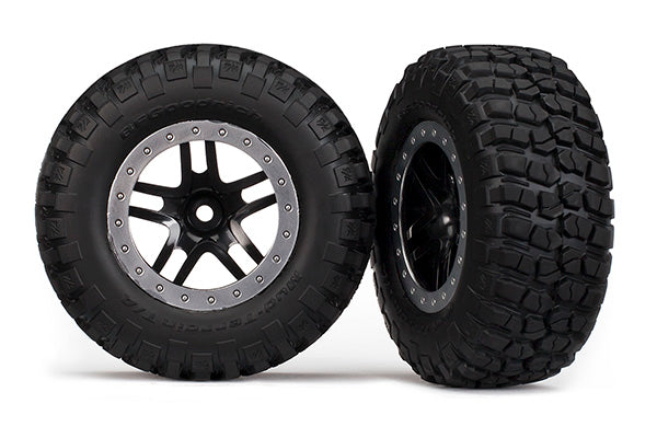 Tires & wheels assembled glued SCT Split-Spoke black satin chrome beadlock wheels  BFGoodrich  Mud-Terrain™  TA  KM2 tires  foam inserts 2 2WD Front