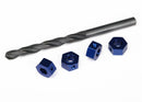 Wheel adaptors, 12mm hex, 6061-T6 aluminum (blue-anodized) (4)/ screw pins (4)/ drill bit, 0.25 inch (for 6mm shafts) (requires #6451 (x2), #6452 (x2), #6439, #6455, #5117 (x3))