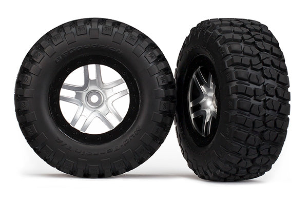 Tires & wheels assembled glued SCT Split-Spoke satin chrome black beadlock style wheels BFGoodrich  Mud-Terrain™  TA  KM2 tires foam inserts 2 4WD fr 2WD rear TSM  rated