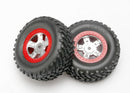 Tires and wheels assembled glued SCT satin chrome wheels red beadlock style SCT off-road racing tires foam inserts 1 each right & left